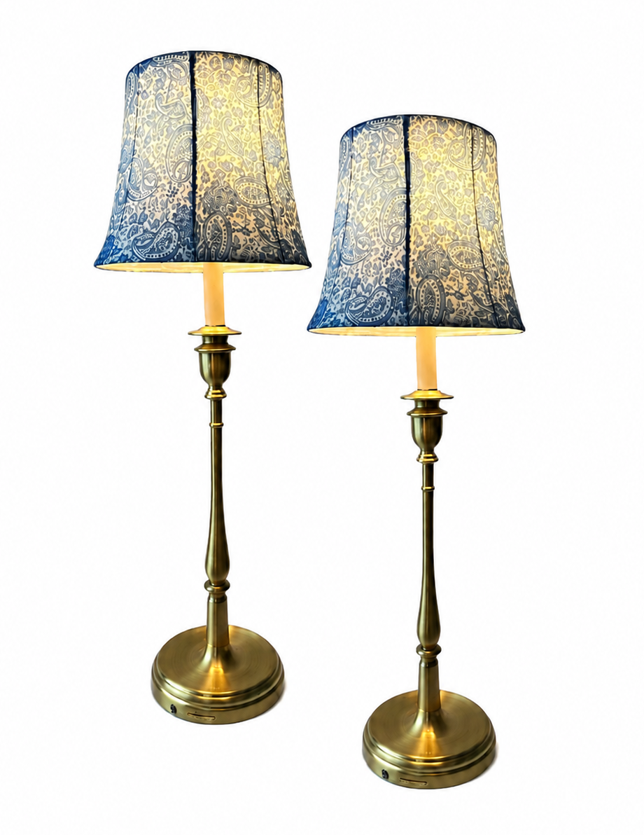 Pair Lauren Ralph Lauren Brass Table Lamps With Blue Paisley Fabric Shades