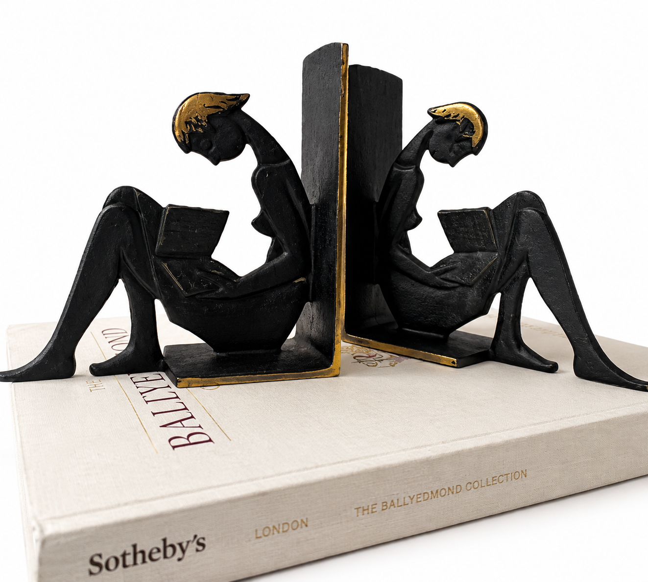 Vintage 1950s Brass Reading Girl Bookends, Black And Gold Mid Century Bookends