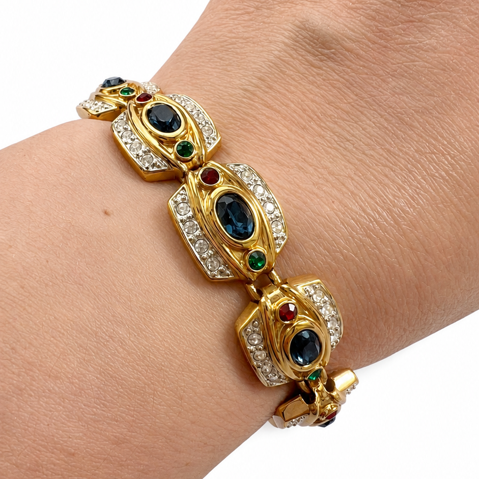 Vintage Gold Tone Multicolour Rhinestone Bracelet, Signed Statement Costume Jewellery