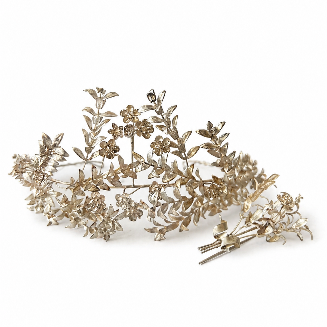 Antique German 800 Silver Myrtle Bridal Crown Tiara With Groom Buttonhole & Original Box