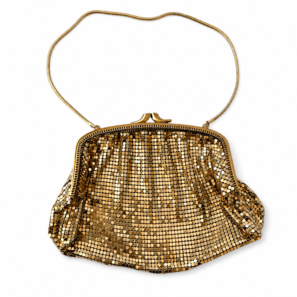 Vintage Gold Metal Mesh Evening Bag, All-Metal Chainmail Purse, Small Framed Clutch