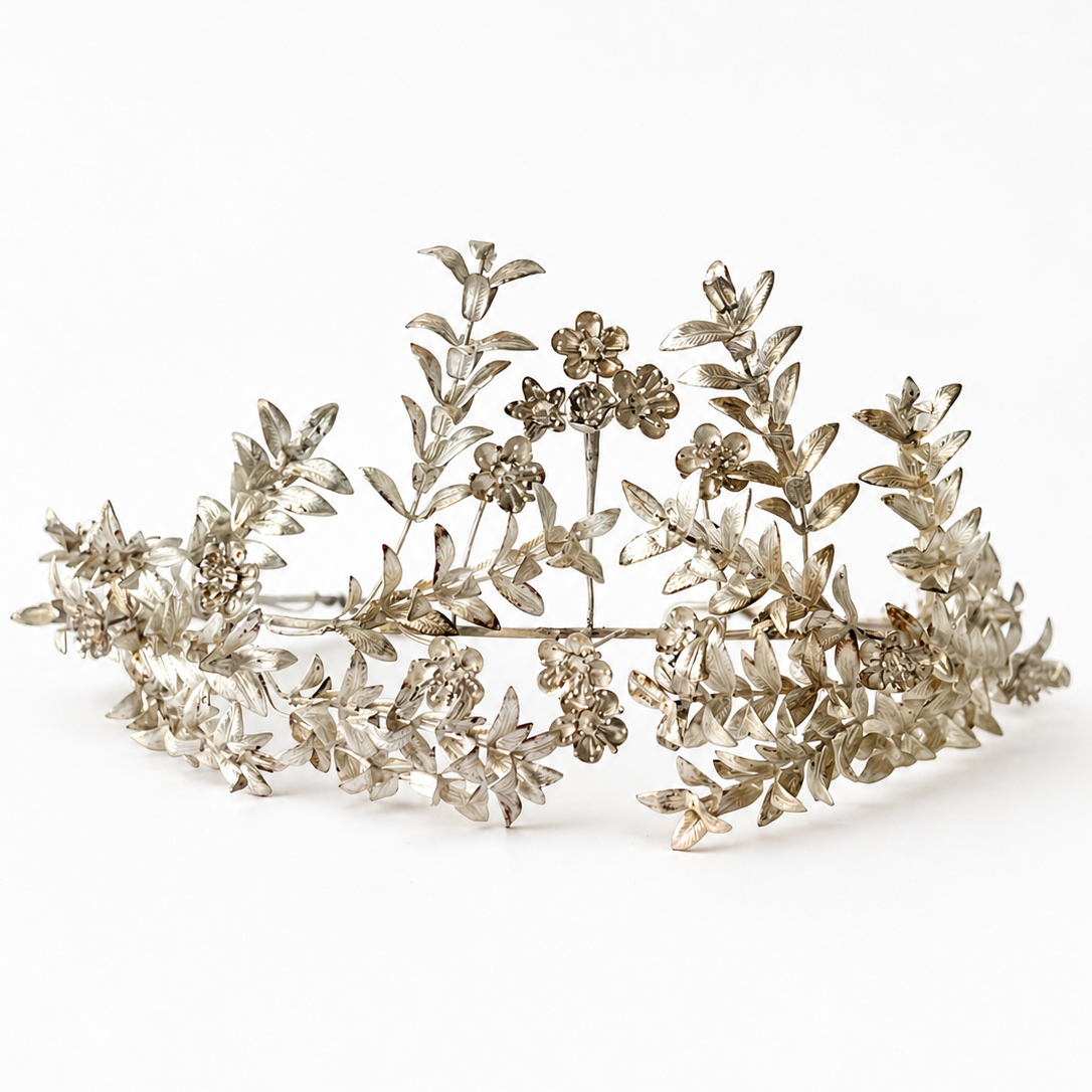 Antique German 800 Silver Myrtle Bridal Crown Tiara With Groom Buttonhole & Original Box