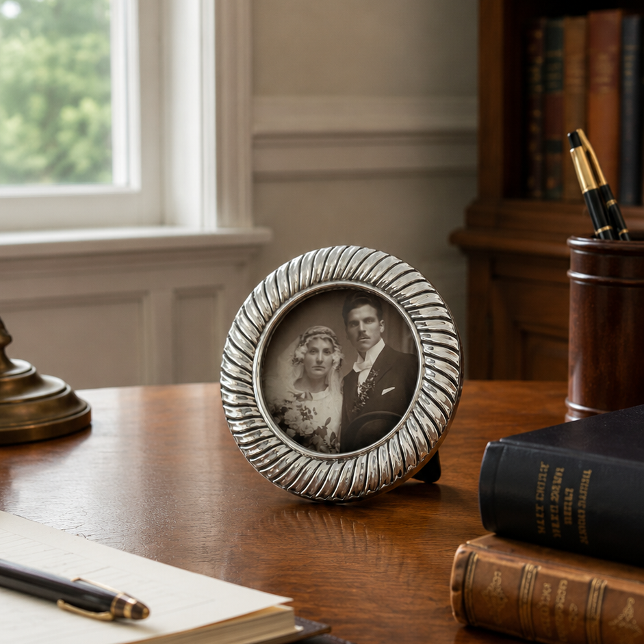 Vintage Italian 925 Silver Round Photo Frame, Fluted Sterling Silver Picture Frame