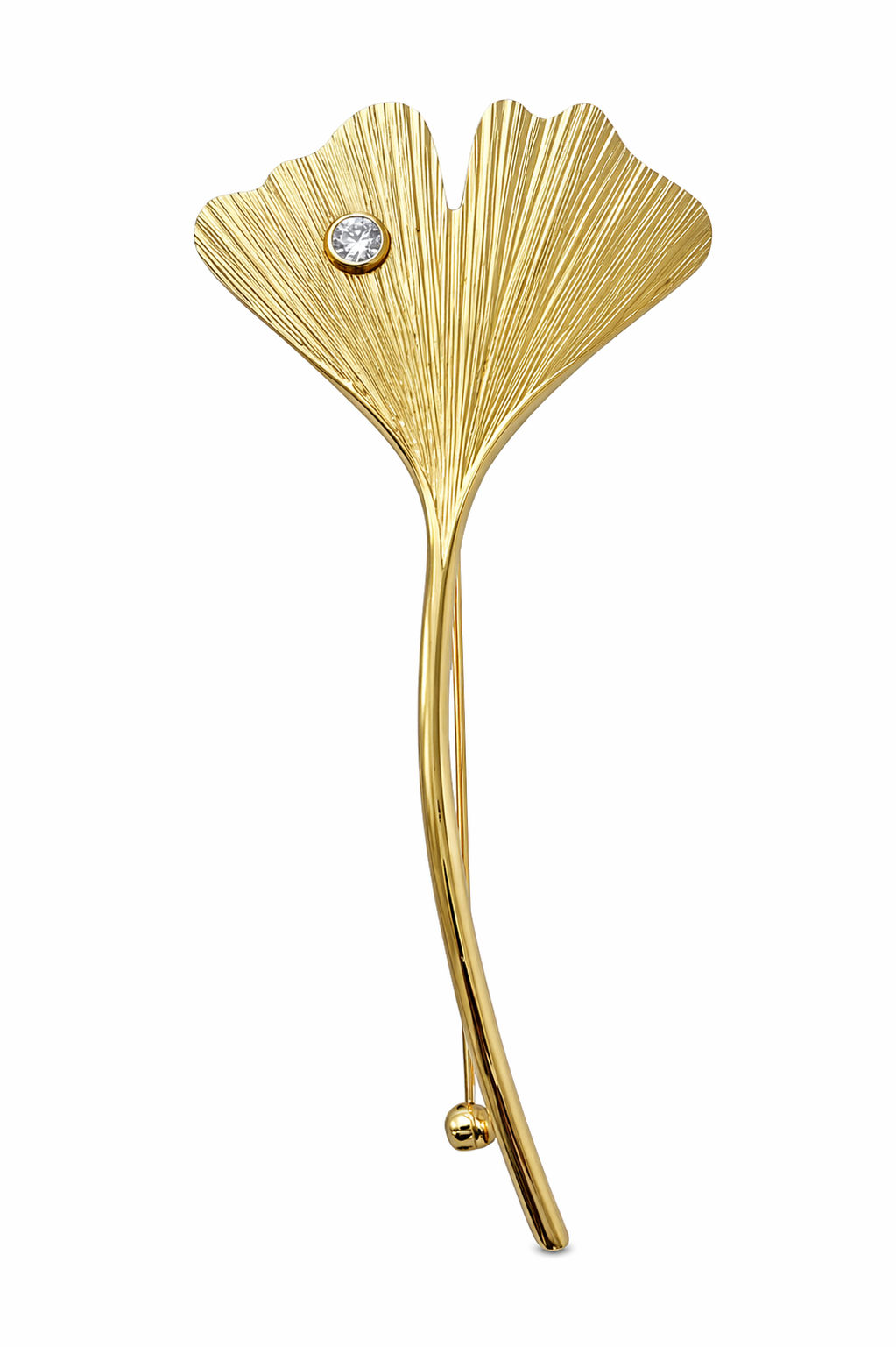 Vintage 9ct Gold Ginkgo Leaf Brooch, 375 Pin with Cubic Zirconia