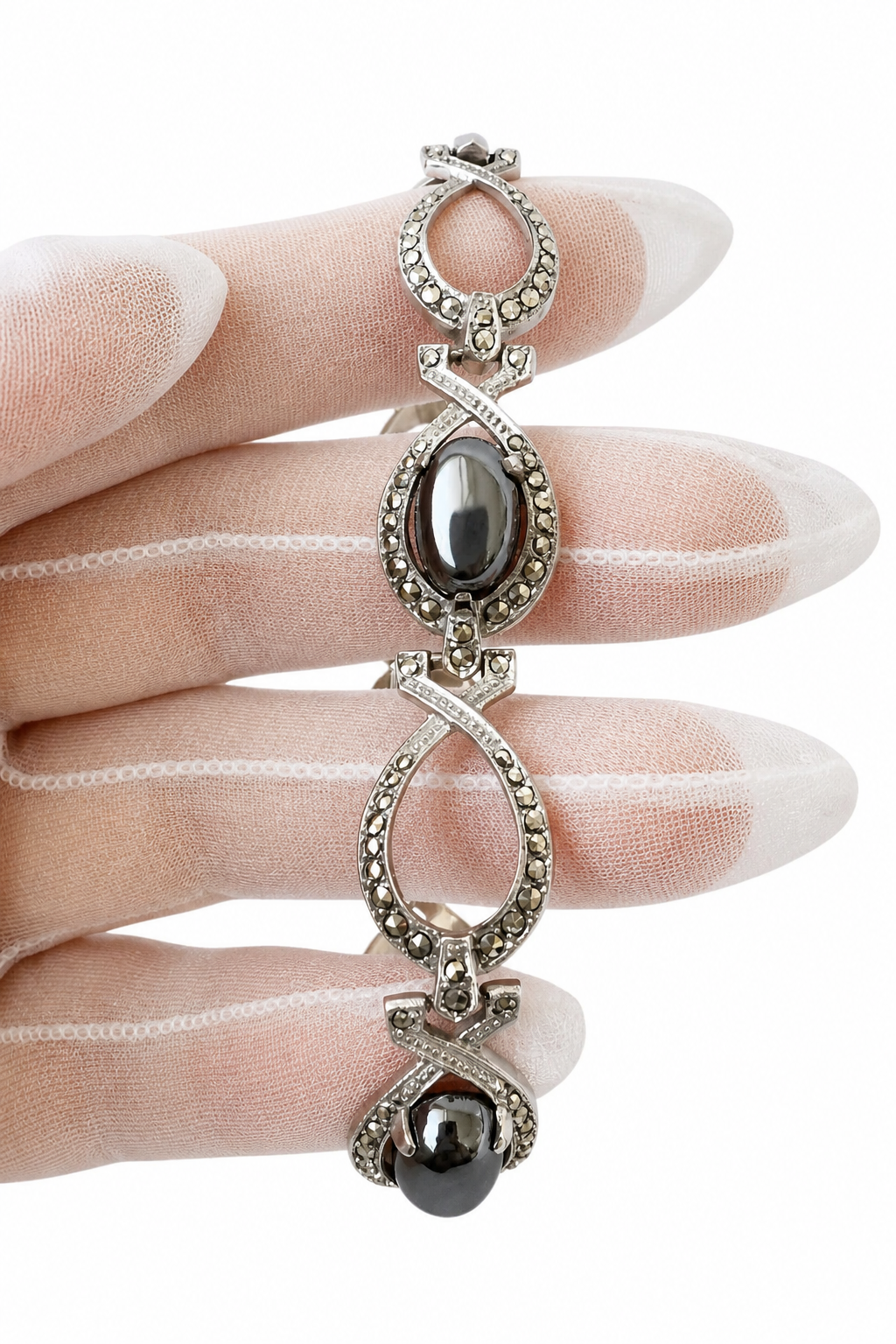 Art Deco 800 Silver Marcasite Hematite Bracelet, 1920s Filigree Jewellery