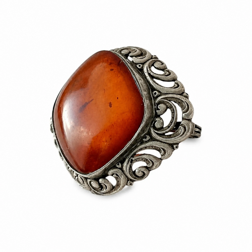 Antique Silver & Natural Amber Brooch. Ornate Art Nouveau Scrollwork.