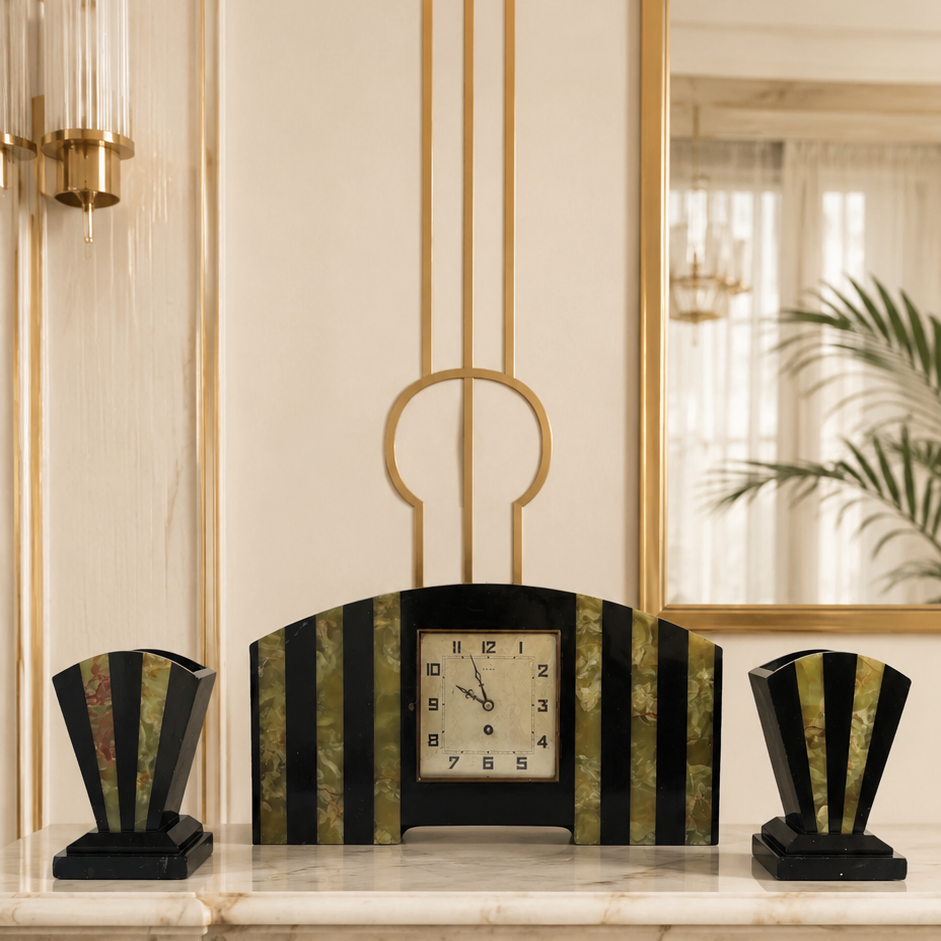 French Art Deco UCRA Marble Onyx Mantel Clock With Side Garnitures, 1920s 1930s