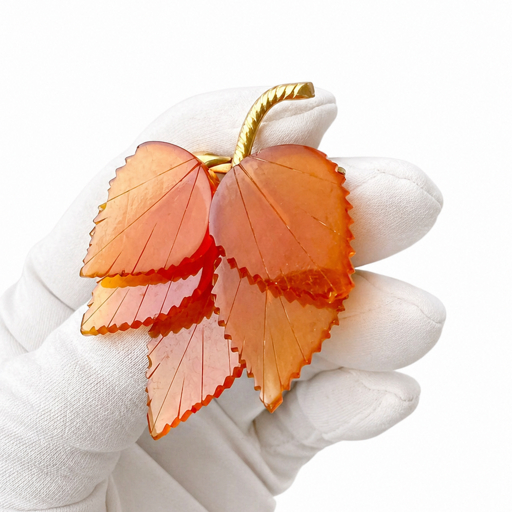 Vintage Baltic Amber Leaf Brooch, Kaliningrad Amber Combine 1980s Gold Plated Pin