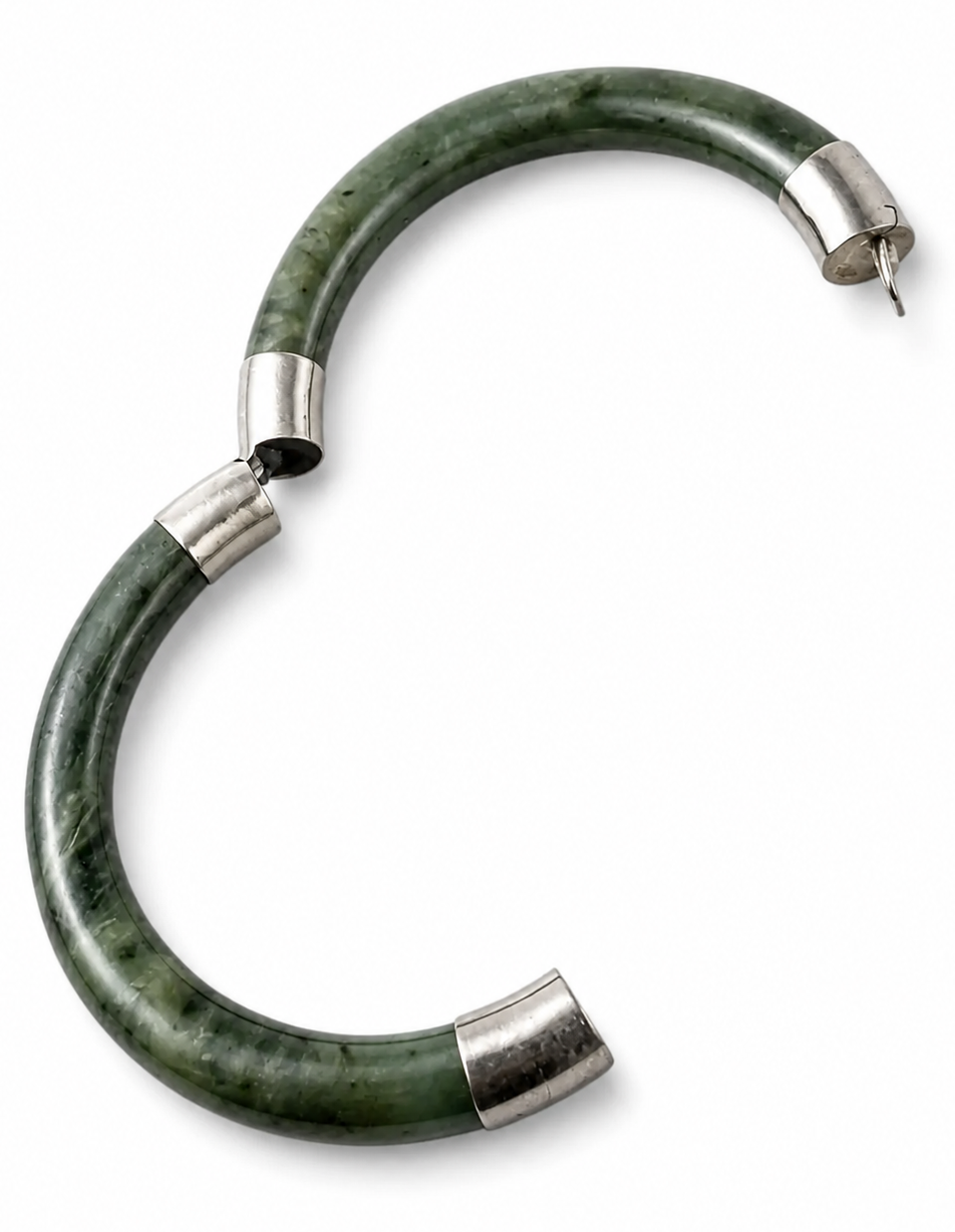 Vintage Nephrite Jade Bangle Bracelet With Silver Tone Caps.