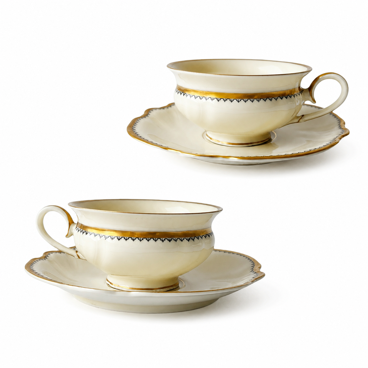 Vintage Rosenthal Viktoria Mocha Cups And Saucers, Set Of 2, Ivory Porcelain, Gold Trim
