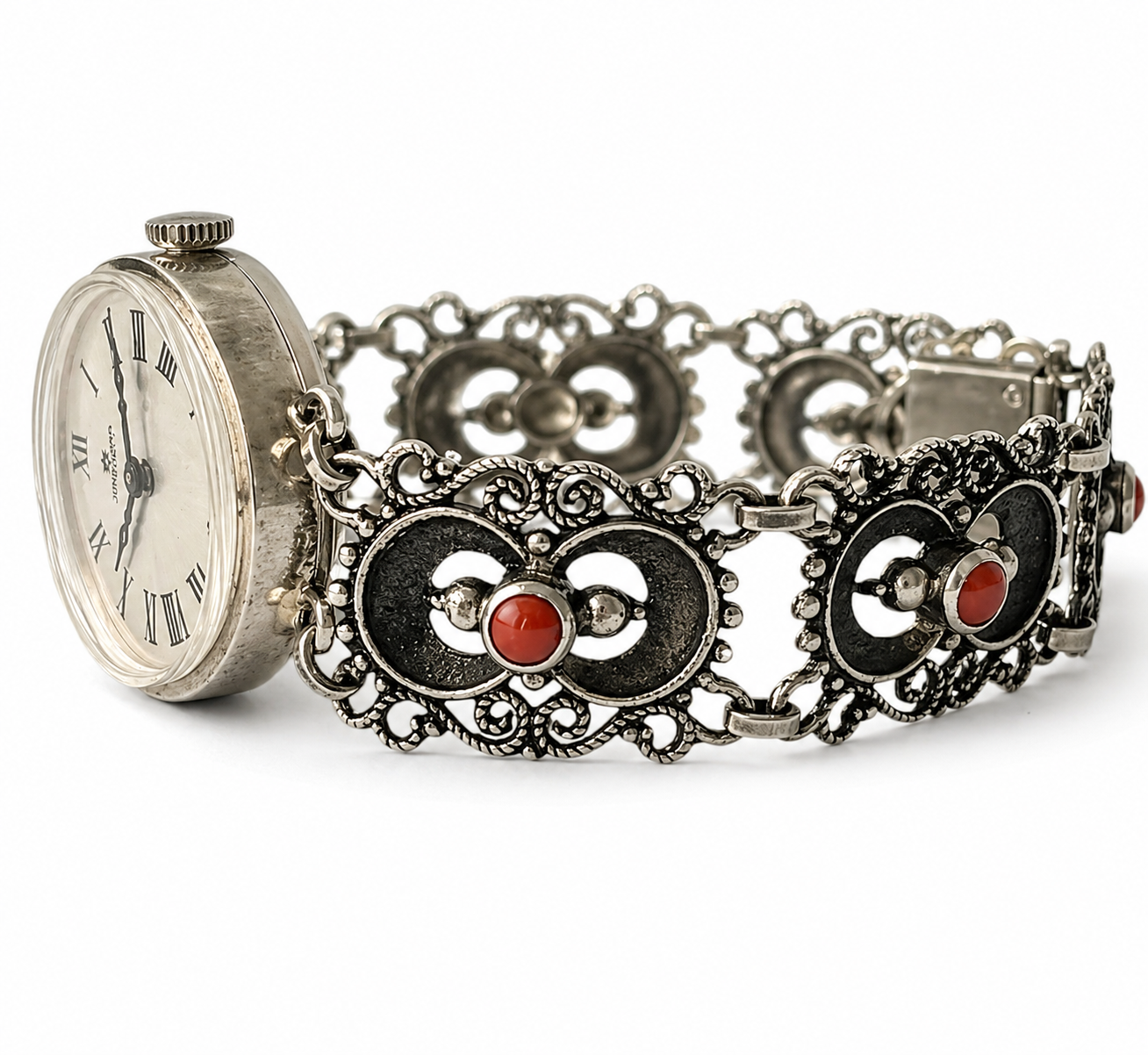Vintage Junghans 835 Silver Coral Bracelet Watch, 17 Jewels Hand-Wound Germany