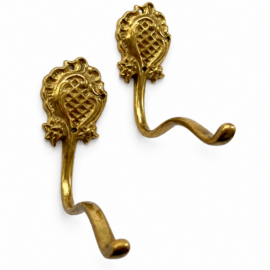 Pair Ornate Brass Wall Hooks, Vintage German Coat Hat Hangers
