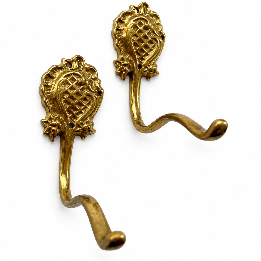 Pair Ornate Brass Wall Hooks, Vintage German Coat Hat Hangers