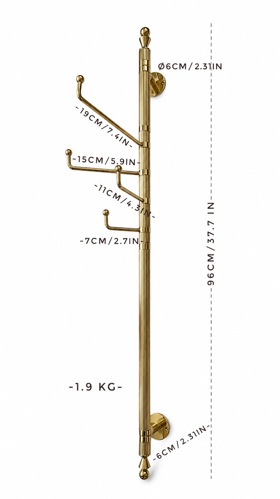 Vintage German Polished Brass Wall Mounted Coat Rack, Mid Century Entryway Hook Rail