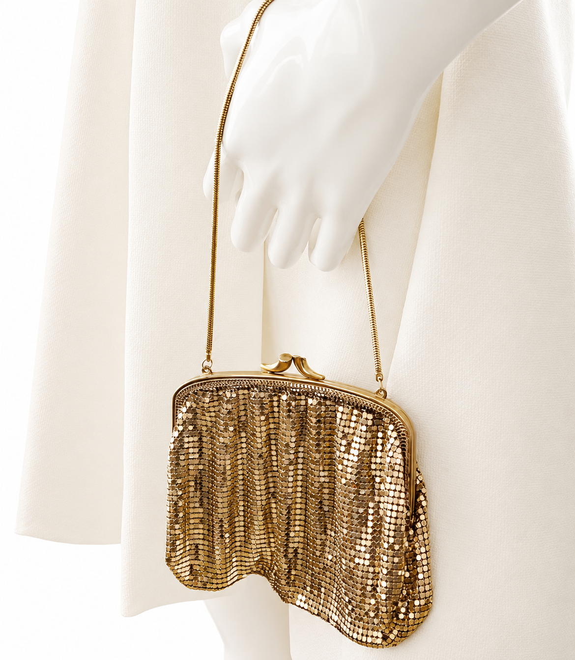 Vintage Gold Metal Mesh Evening Bag, All-Metal Chainmail Purse, Small Framed Clutch