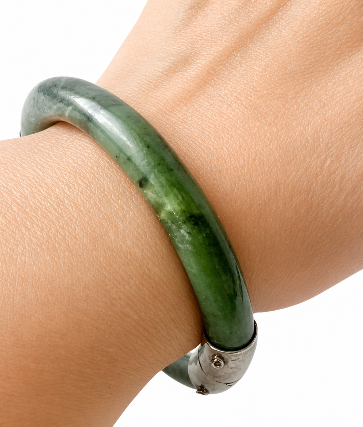 Vintage Nephrite Jade Bangle Bracelet With Silver Tone Caps.