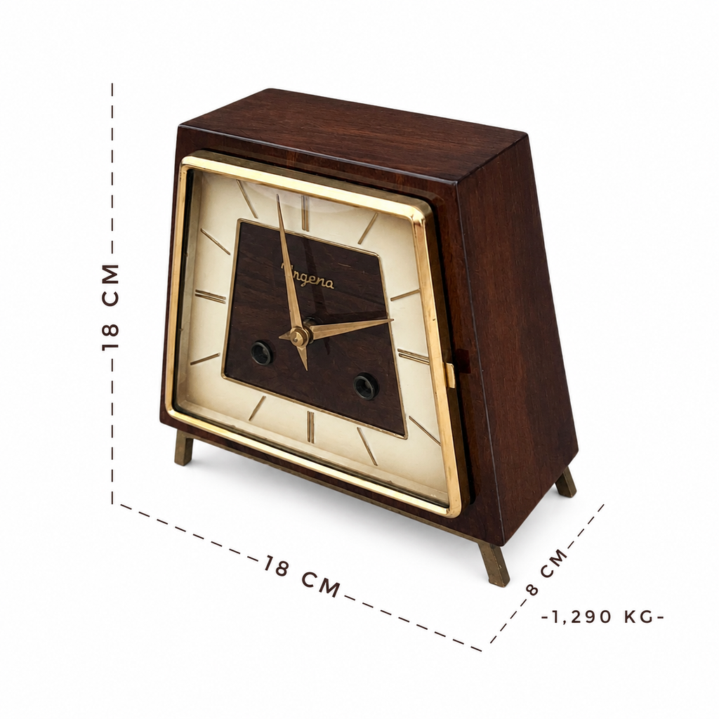 Vintage Urgena Kienzle Desk Clock, Wooden Brass Mid Century Mantel Clock