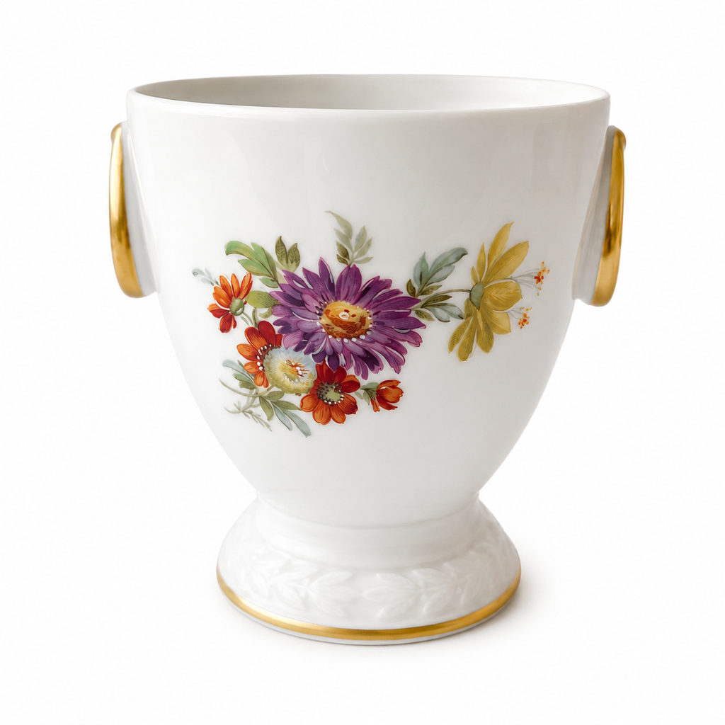 Porzellan Gloria Cachepot, West Germany Floral Porcelain Vase, Gold Trim