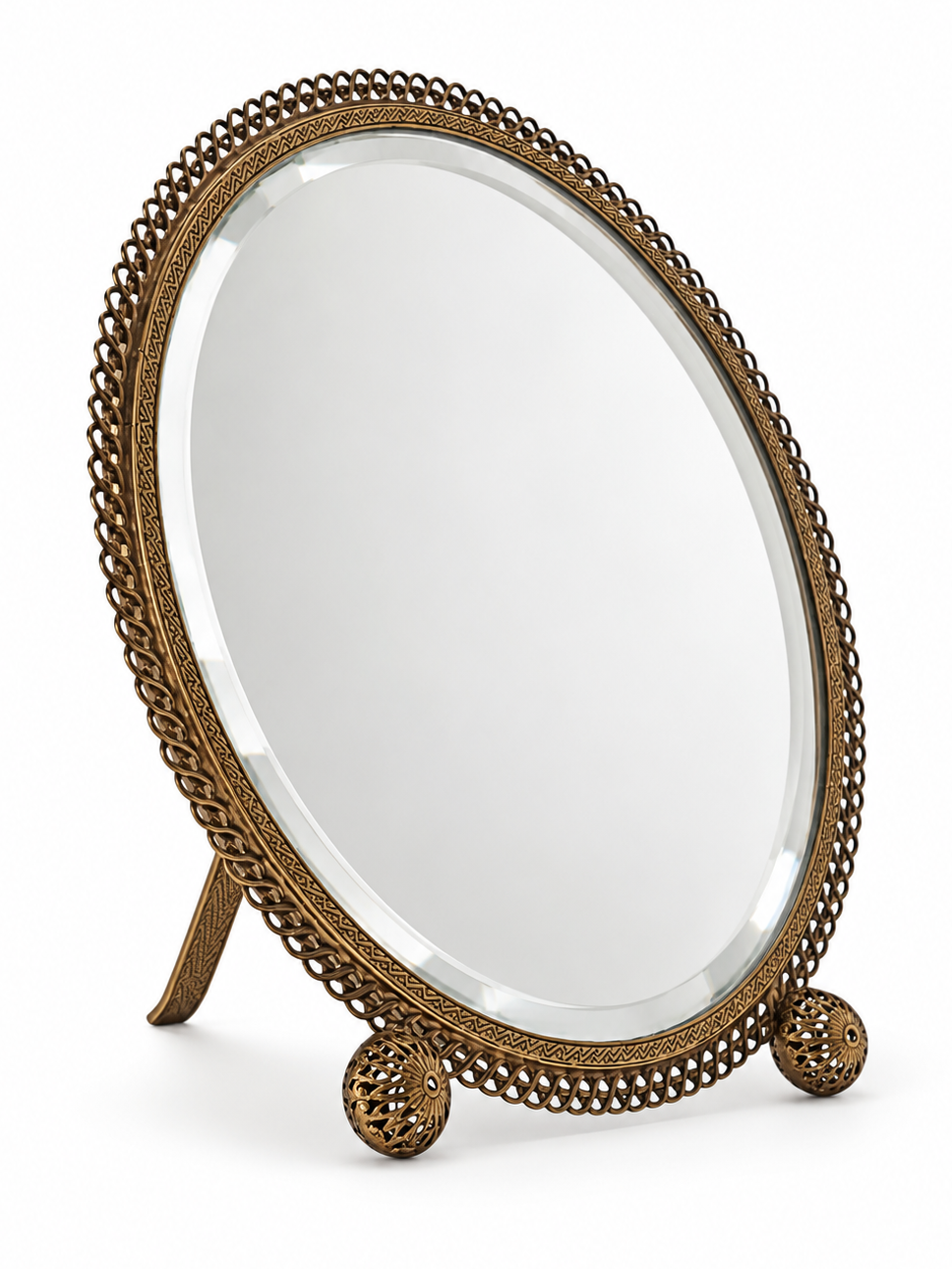 Vintage Brass Vanity Set With Glass Tray And Round Beveled Dressing Table Mirror