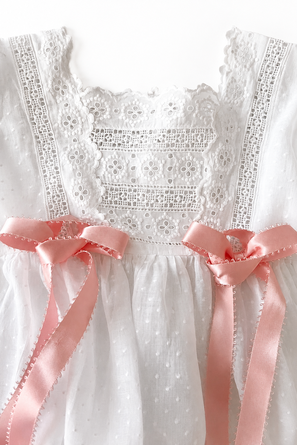Vintage Eminence Paris Christening Gown, French White Batiste Lace Baby Dress With Pink Ribbons