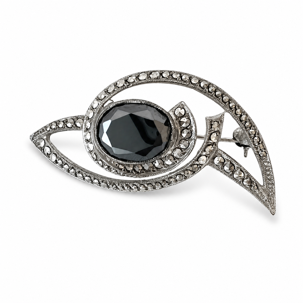 Antique Art Deco 800 Silver Marcasite Hematite Eye Brooch