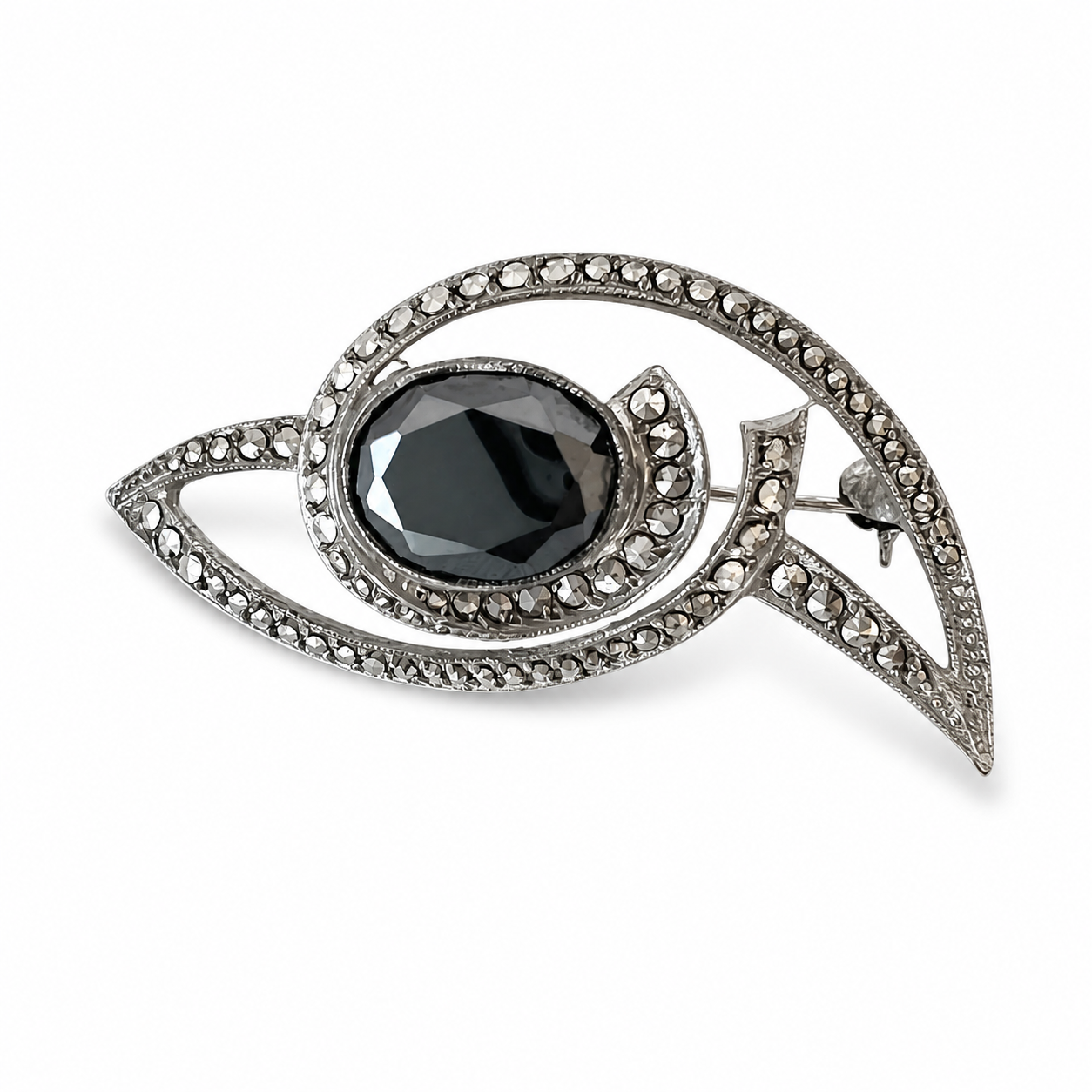 Antique Art Deco 800 Silver Marcasite Hematite Eye Brooch