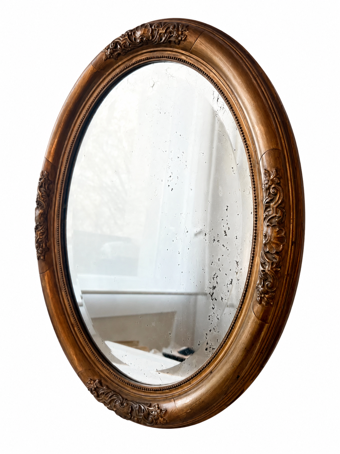 Antique Oval Gilded Wooden Beveled Mirror, Early 20th Century
