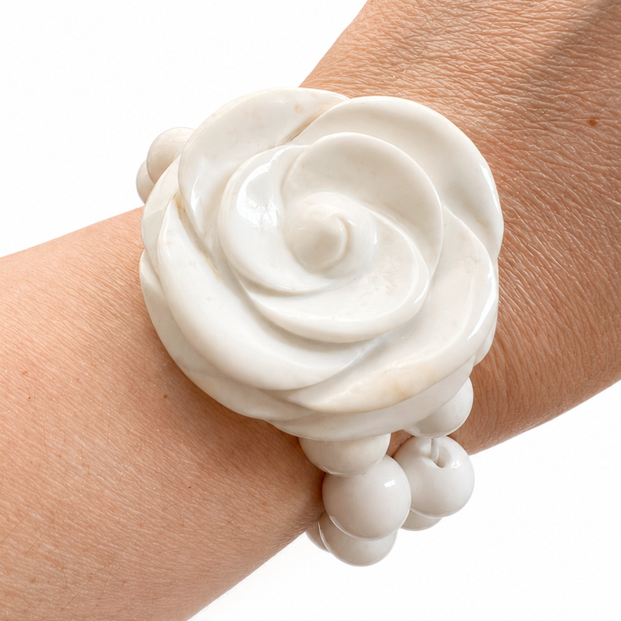 Vintage Hand Carved White Agate Flower Bracelet, Heavy Statement Bead Bracelet