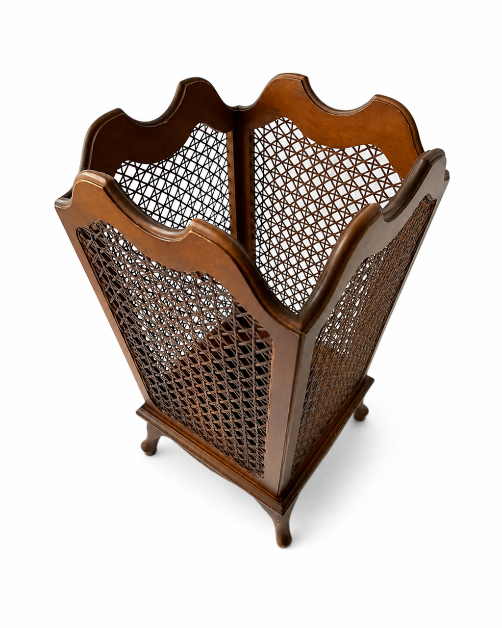 Vintage German Rattan Waste Paper Bin, 1950s Wooden Chippendale Leg Cane Basket