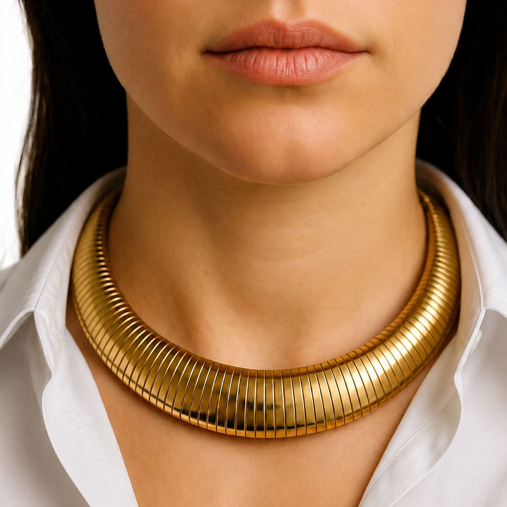 Vintage Christian Dior Omega Choker Necklace Gold Plated Metal Signed Chr. Dior Grosse Boxed