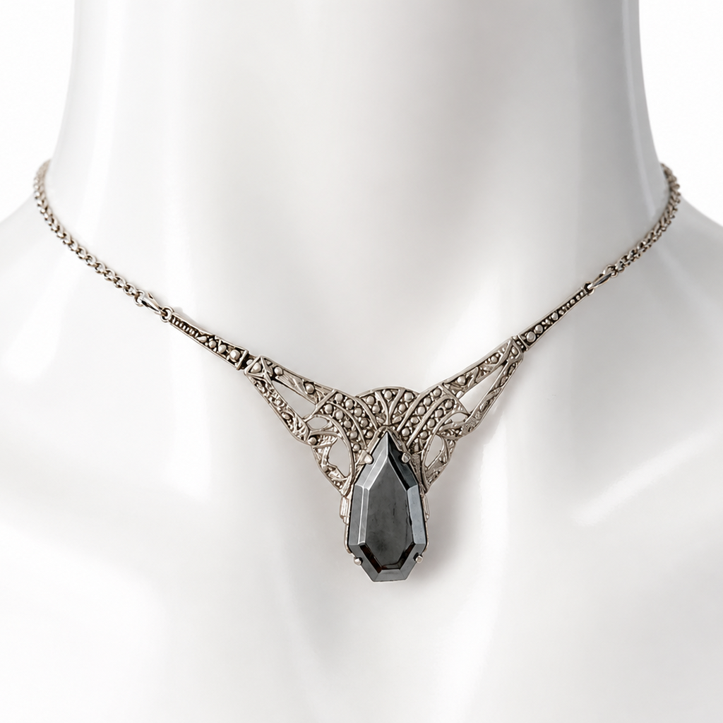 Antique Art Deco 800 Silver Marcasite Hematite Necklace 1920s