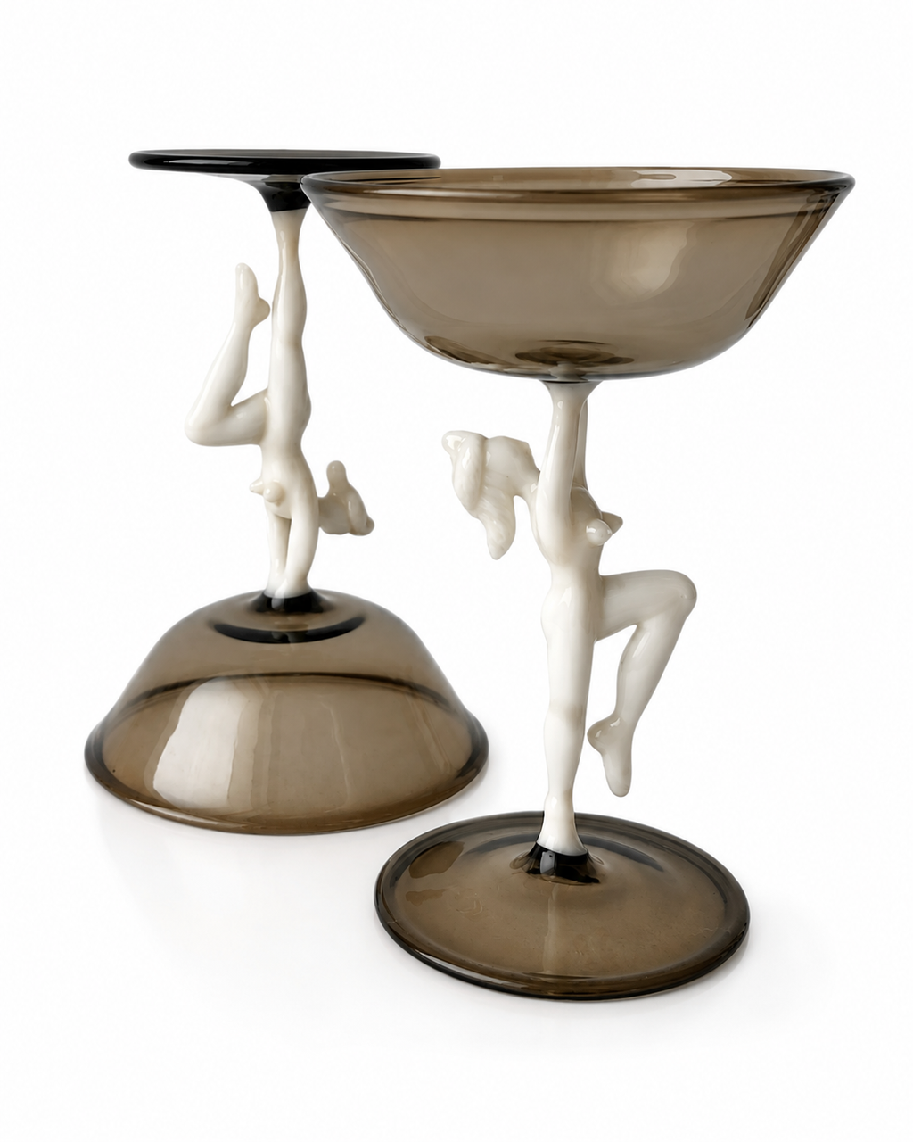 Art Deco Smoky Glass Cordial Set, Attributed Bimini Decanter And Six Figural Stem Glasses, Fritz Lampl, 1920s