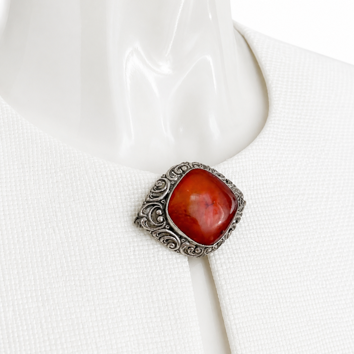 Antique Silver & Natural Amber Brooch. Ornate Art Nouveau Scrollwork.