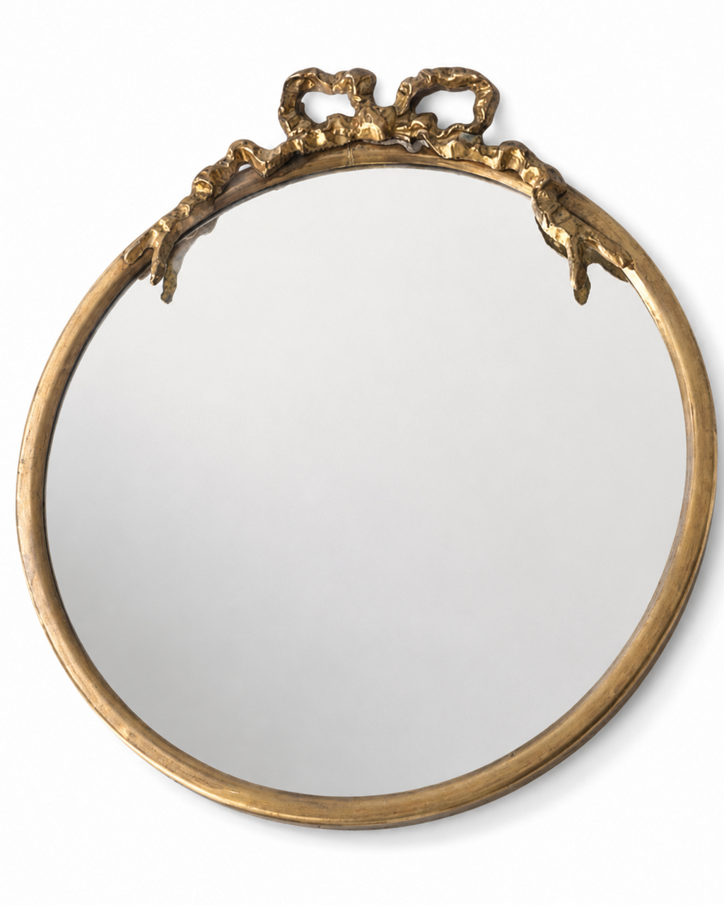 Vintage Round Brass Wall Mirror With Ribbon Bow Crest, French Regency Style