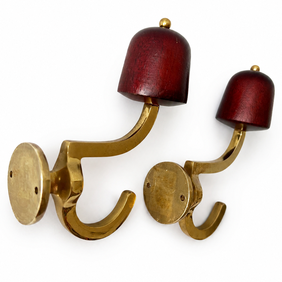Pair Of Vintage Brass And Wood Wall Hooks, Mid Century Hallway Hardware