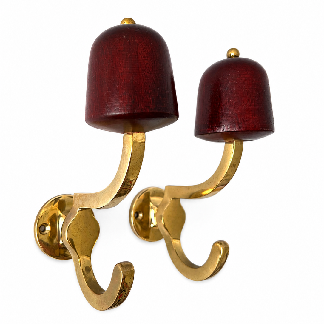 Pair Of Vintage Brass And Wood Wall Hooks, Mid Century Hallway Hardware