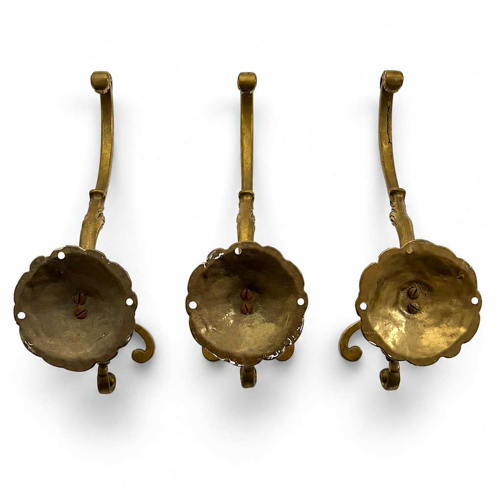 Set Of 3 Large Ornate Brass Wall Hooks, Vintage Coat Hangers