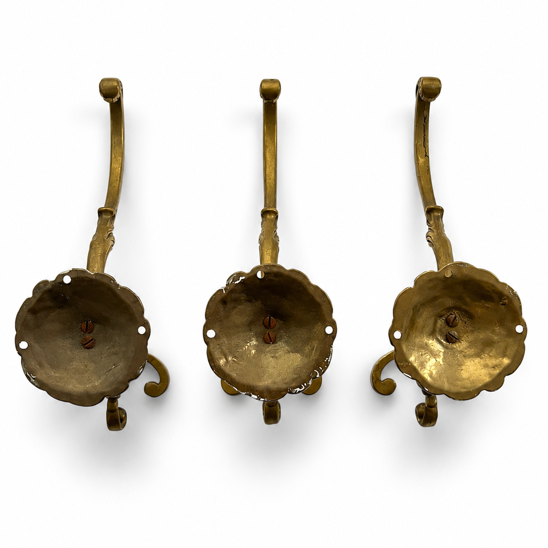 Set Of 3 Large Ornate Brass Wall Hooks, Vintage Coat Hangers