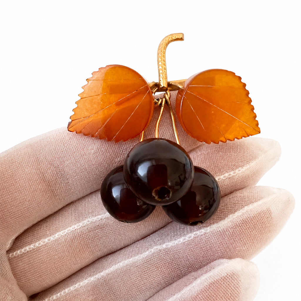 Vintage Amber Cherry Brooch, Soviet Gold Plated Fruit Pin, 1980s USSR Jewellery