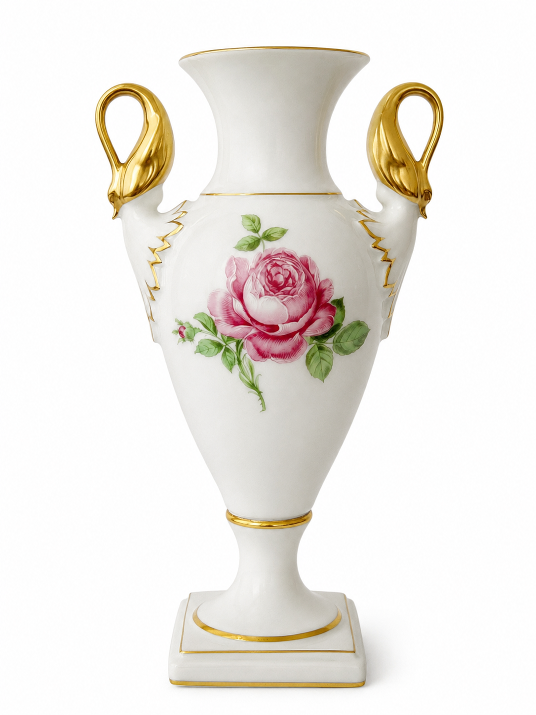 AK Kaiser Amphora Vase, Moss Rose Porcelain Swan Handle Vase, 24K Gold, West Germany