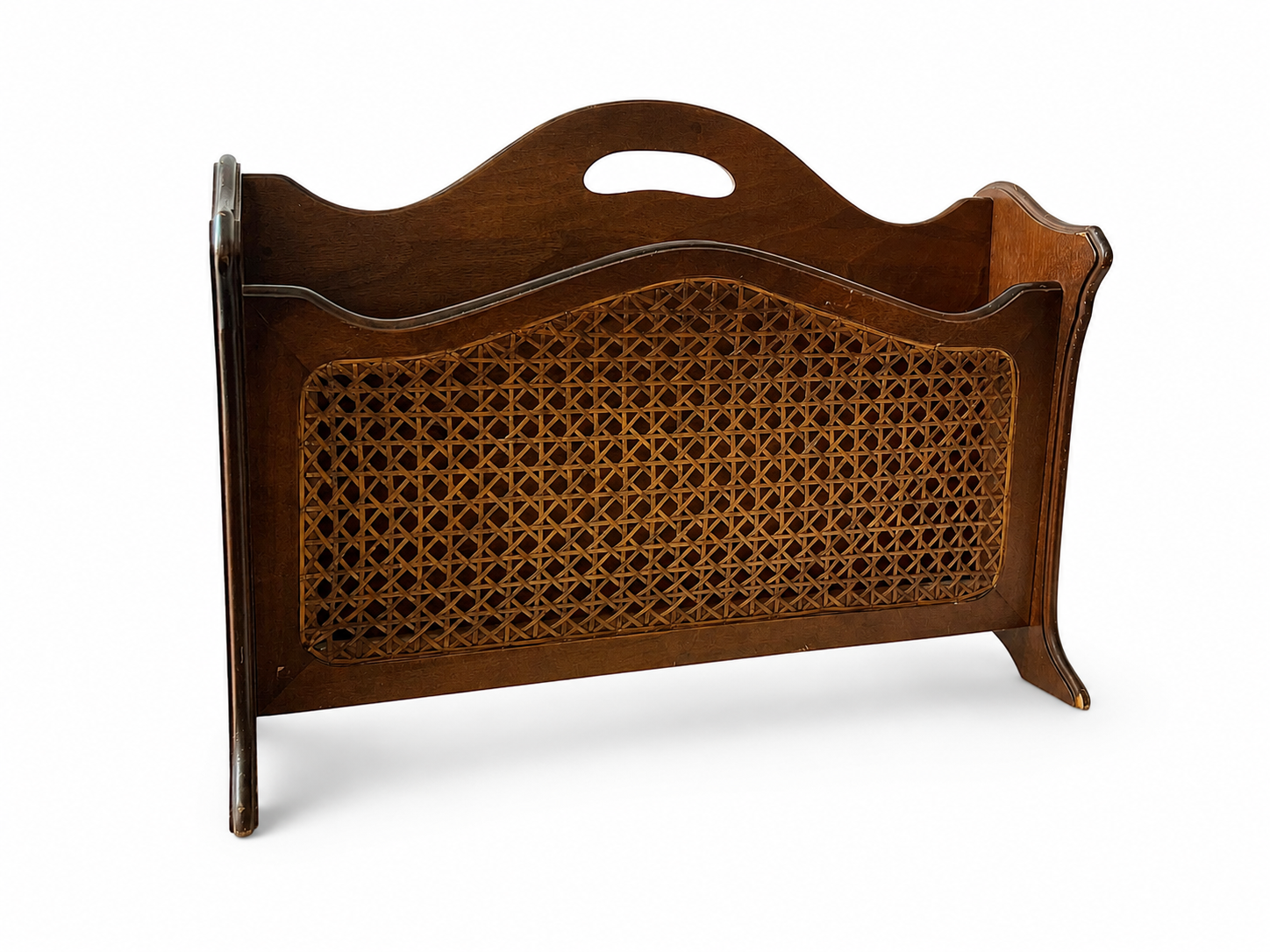Vintage German Wooden Rattan Magazine Rack, Mid-Century Cane Newspaper Holder 1950s–70s