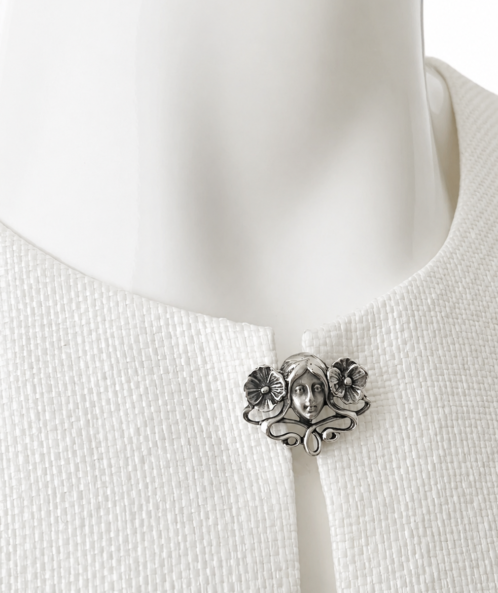Art Nouveau Style Sterling Silver Brooch with Woman’s Face Floral Motif
