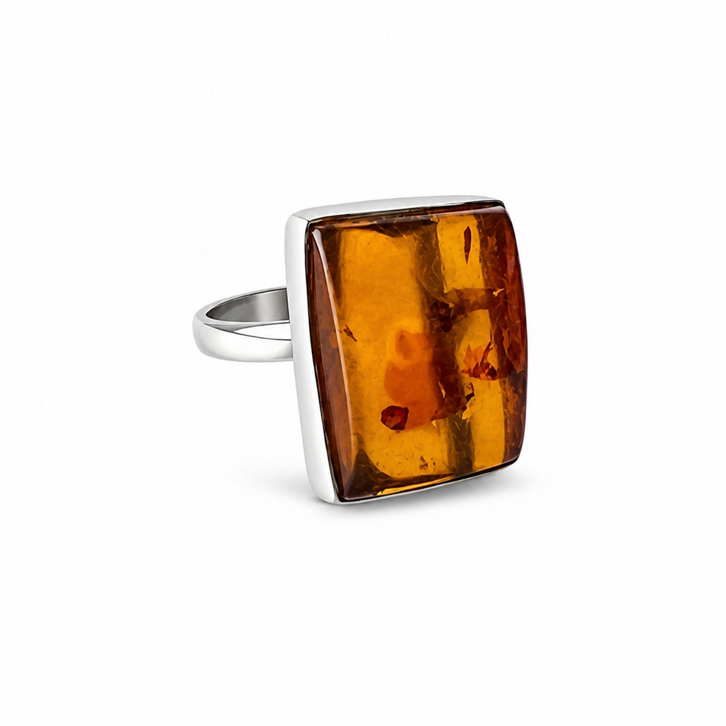 Vintage Baltic Amber Sterling Silver Ring - Honey Hue, UK size Q.