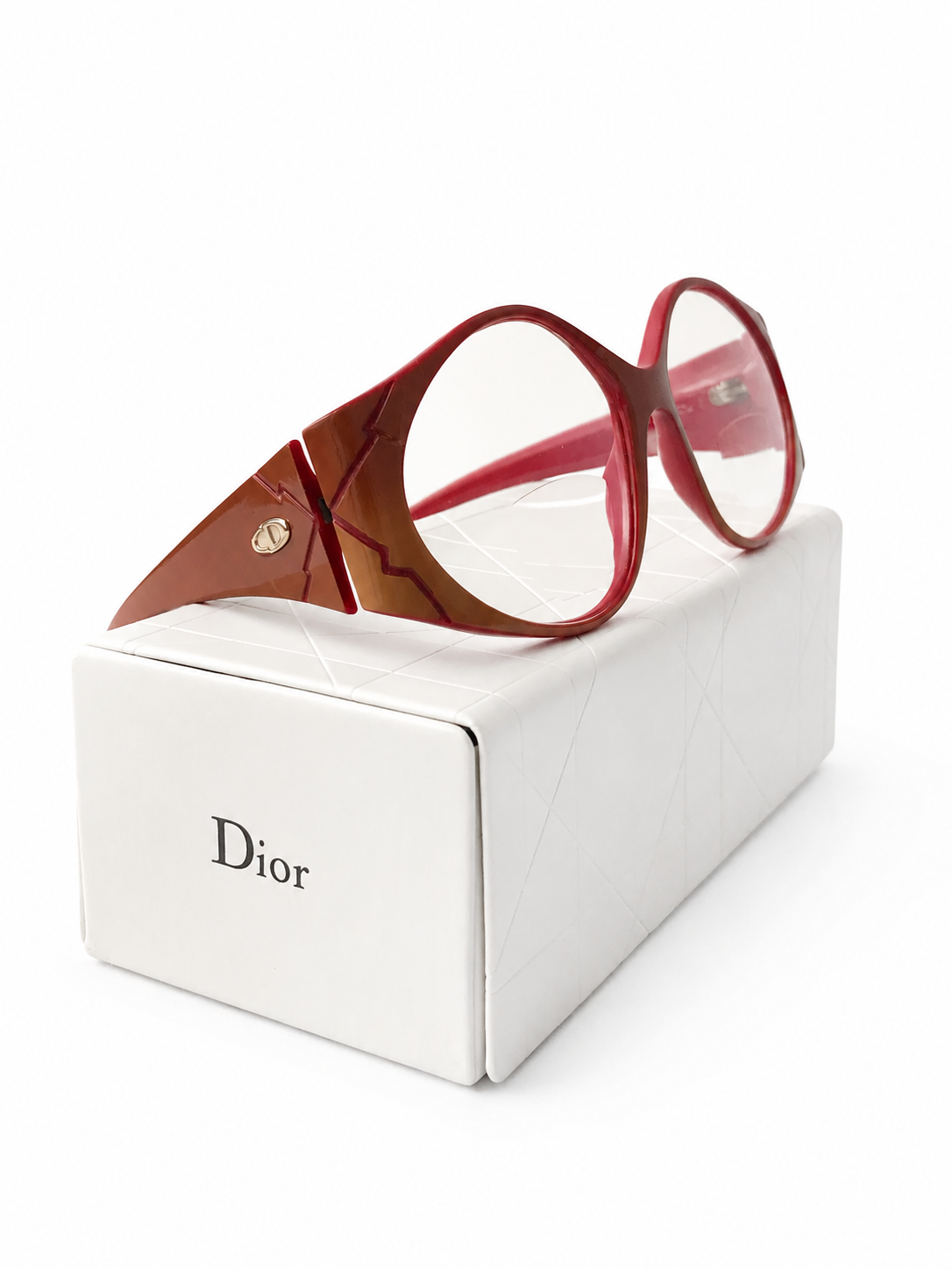 Vintage Christian Dior Glasses: Red & Brown Optyl Frame, Oversized Lens, Original Box