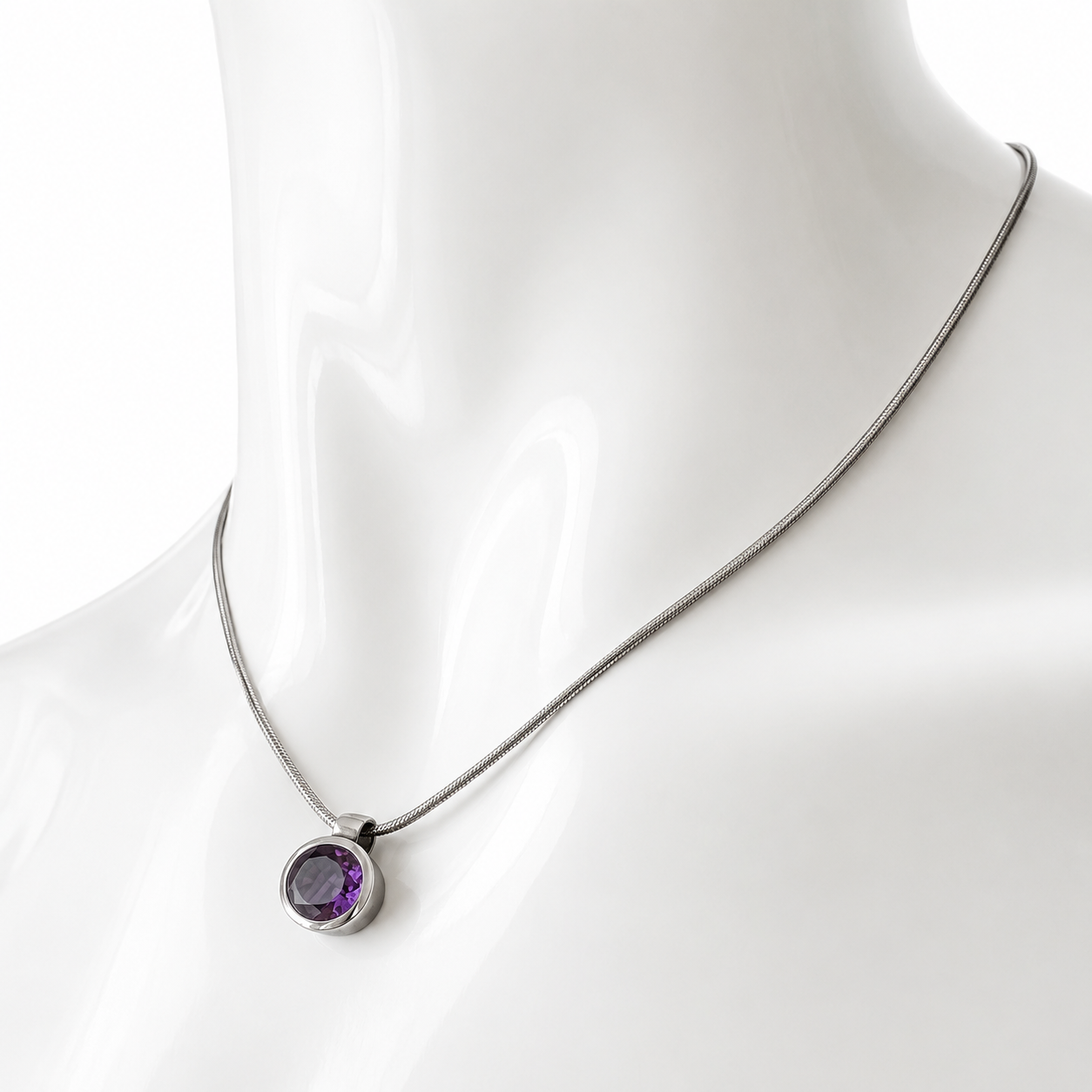 Sterling Silver Amethyst Pendant Necklace, 925 Snake Chain, Purple Gemstone Pendant
