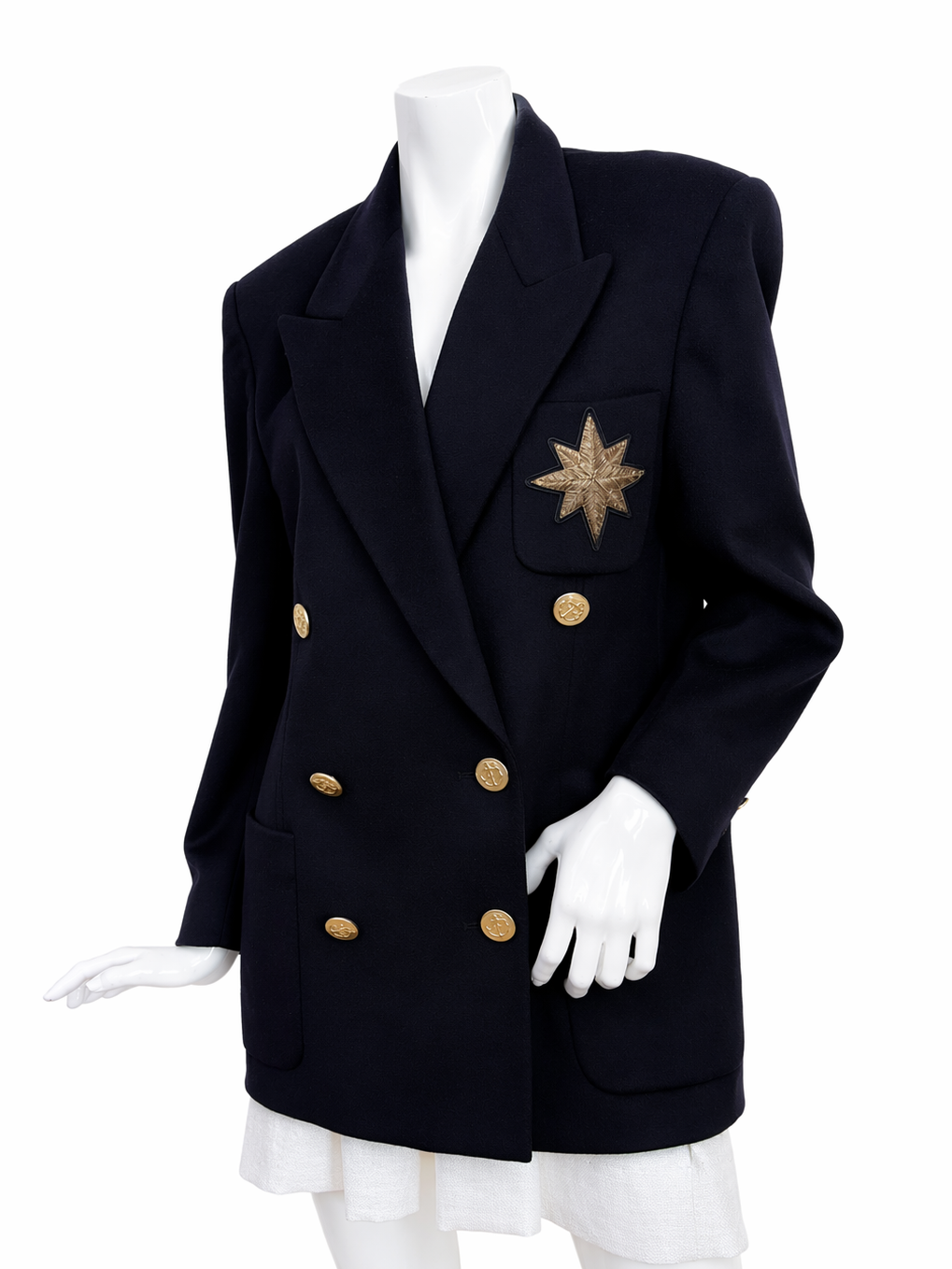 Vintage Escada by Margaretha Ley Navy Blue Blazer – Wool & Cashmere, Double-Breasted, Gold Nautical Buttons.