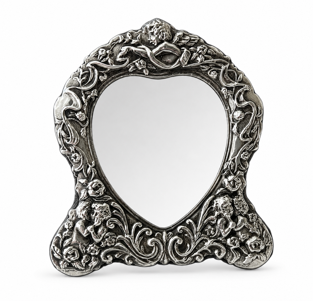 Vintage Carr’s Sheffield Sterling Silver Cherub Heart Table Mirror