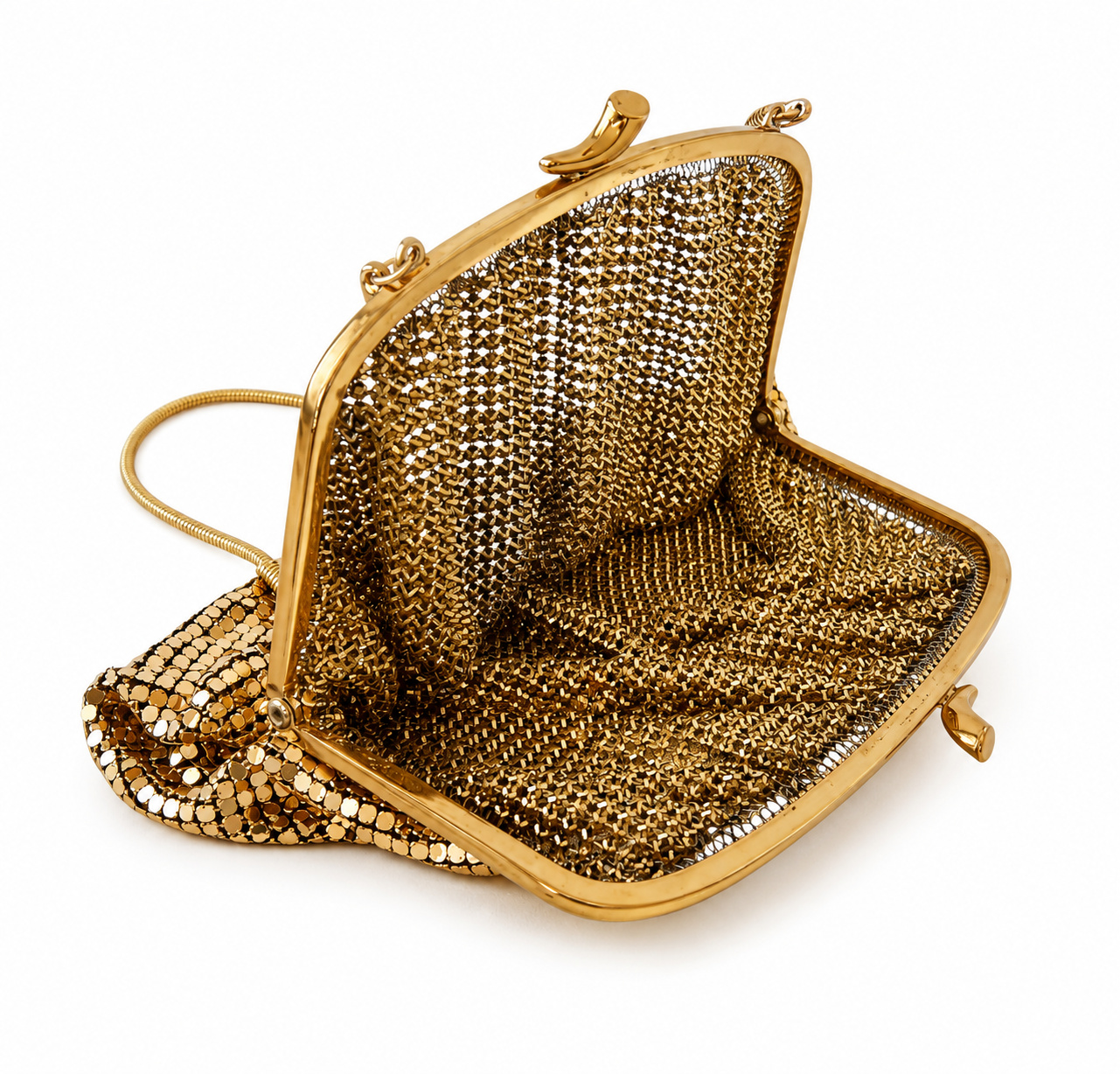 Vintage Gold Metal Mesh Evening Bag, All-Metal Chainmail Purse, Small Framed Clutch