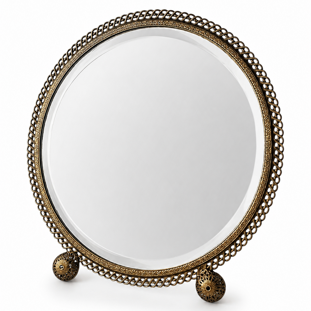 Vintage Brass Vanity Set With Glass Tray And Round Beveled Dressing Table Mirror