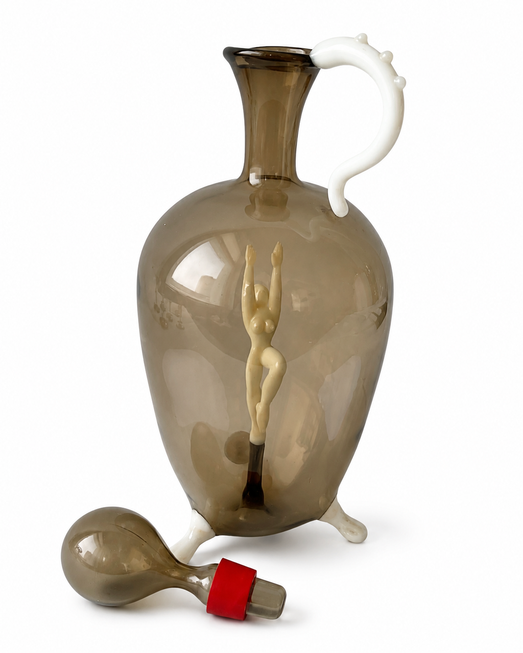 Art Deco Smoky Glass Cordial Set, Attributed Bimini Decanter And Six Figural Stem Glasses, Fritz Lampl, 1920s